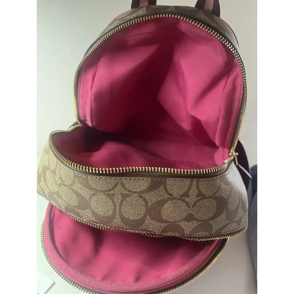Coach Court Backpack In Signature Canvas With Bold Pink Refined Pebble Leather